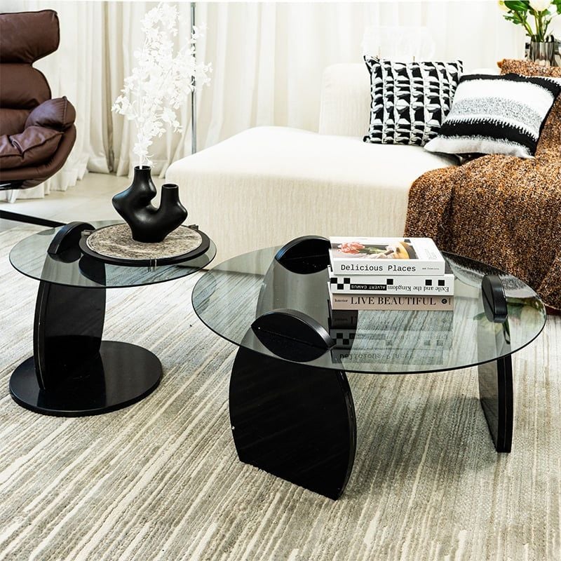 Set 2 Bàn Trà Tròn Chân Gỗ Mặt Kính Cường Lực