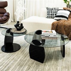 Set 2 Bàn Trà Tròn Chân Gỗ Mặt Kính Cường Lực