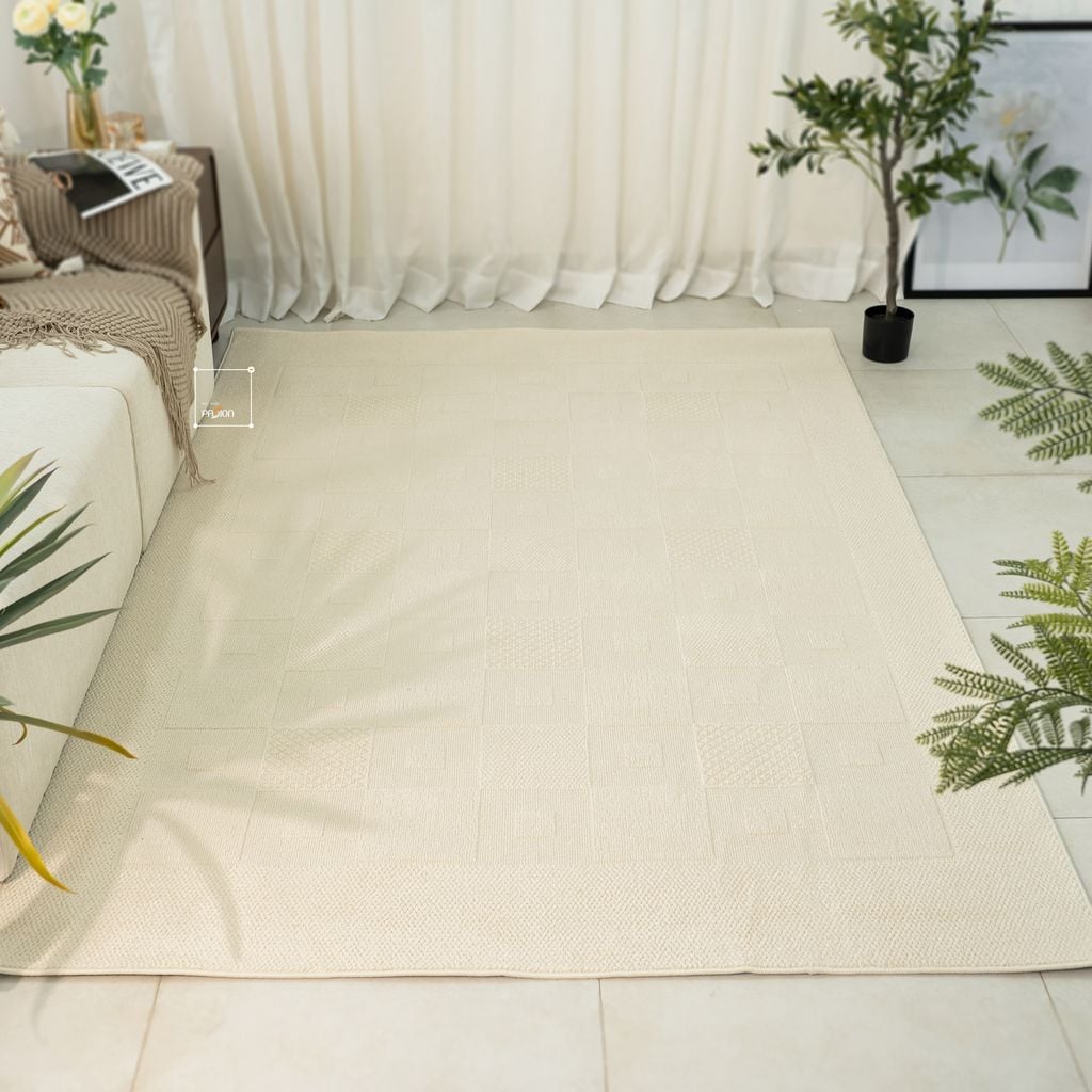 Thảm Trải Sàn Phong Cách Màu Trắng Bắc Âu Sợi Dệt Chống Thấm Caro Vuông