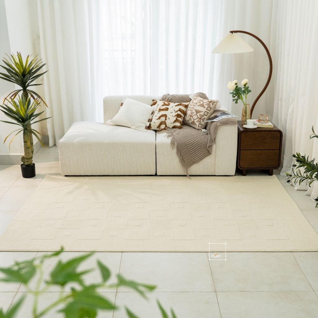 Thảm Trải Sàn Phong Cách Màu Trắng Bắc Âu Sợi Dệt Chống Thấm Caro Vuông