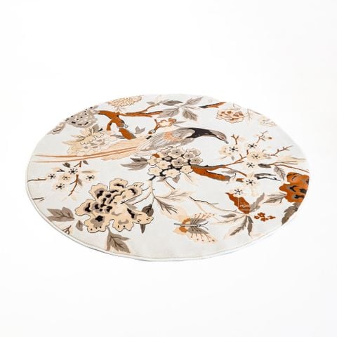 Thảm Tròn Trải Sàn Hình Họa Tiết Chim Và Hoa Nâu Phong Cách Vintage