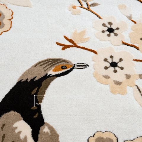 Thảm Tròn Trải Sàn Hình Họa Tiết Chim Và Hoa Nâu Phong Cách Vintage