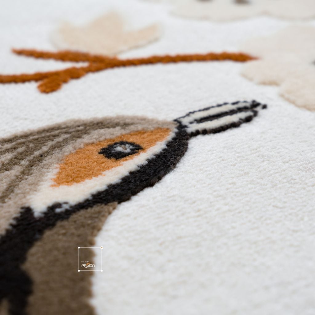 Thảm Tròn Trải Sàn Hình Họa Tiết Chim Và Hoa Nâu Phong Cách Vintage