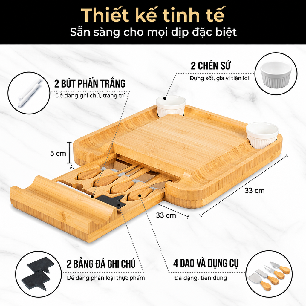 Thớt Phô Mai Kèm Khay Tròn Và Dao Phụ Kiện