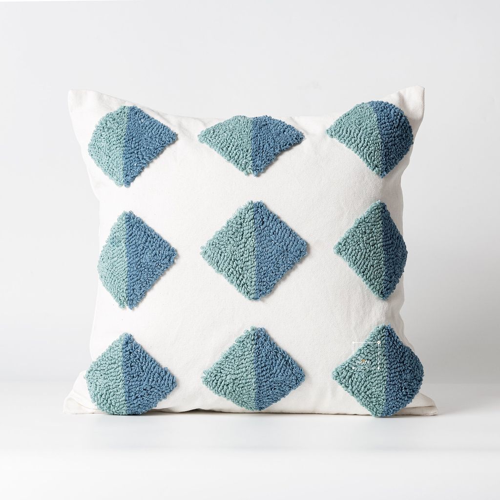 Vỏ Gối Tựa Lưng Canvas Thêu Nổi Hình Học Xanh Ngọc