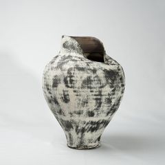 Bình Hoa Gốm Sứ Tông Xám Vân Sọc Phong Cách Wabi Sabi Miệng Cong