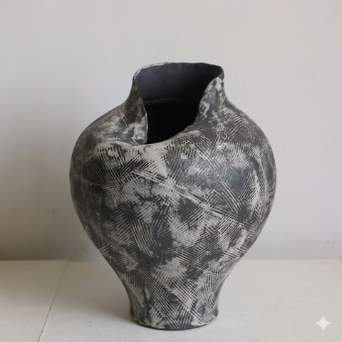 Bình Hoa Gốm Sứ Tông Xám Vân Sọc Phong Cách Wabi Sabi Miệng Cong