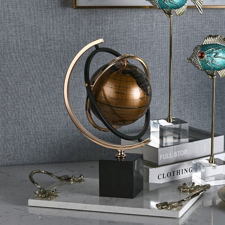 Tượng Trang Trí Decor Hình Quả Địa Cầu Xoay Tròn Vàng Nâu