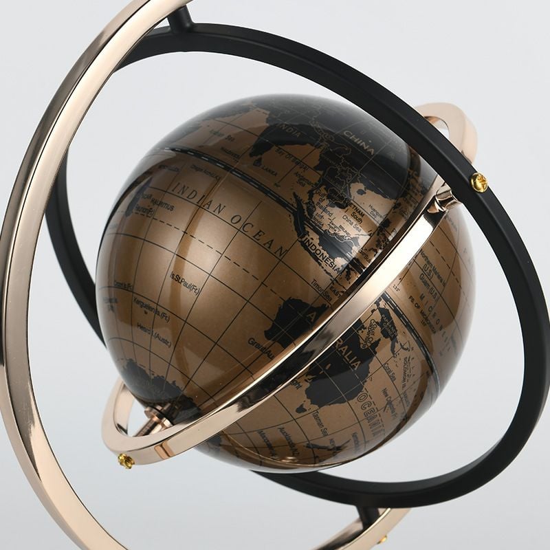 Tượng Trang Trí Decor Hình Quả Địa Cầu Xoay Tròn Vàng Nâu