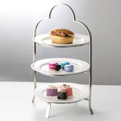 Kệ Trưng Bày Bánh Buffet 3 Tầng Khung Inox Kèm Đĩa Sứ