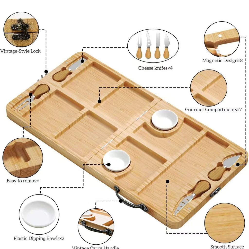Khay Gỗ Tre Đựng Phô Mai Đồ Ăn Nhẹ Kiểu Vali Gấp Kèm Muỗng Nĩa