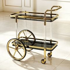 Xe Đẩy Phục Vụ Inox Mạ Vàng 2 Tầng Mặt Kính