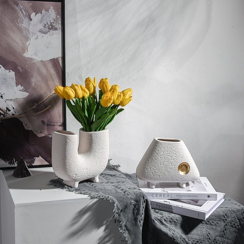 Bình Gốm Decor Tối Giản Họa Tiết Trừu Tượng Phối Vàng