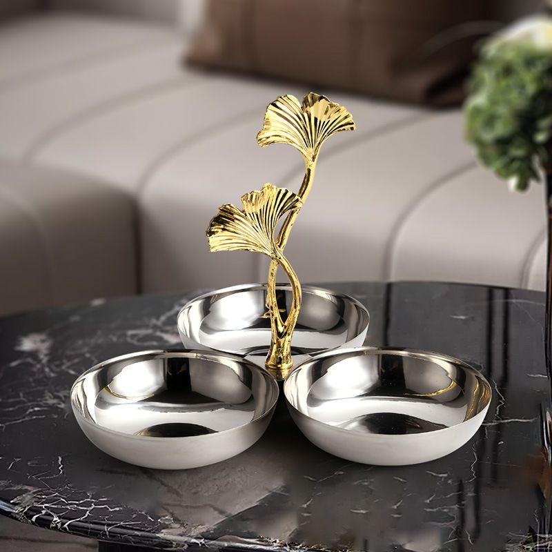 Khay Decor 3 Ngăn Inox Hình Lá Bạch Quả Sang Trọng