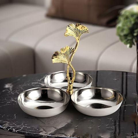 Khay Decor 3 Ngăn Inox Hình Lá Bạch Quả Sang Trọng