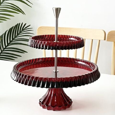 Khay Đựng Bánh Trái Cây 2 Tầng Pha Lê Đỏ Trang Trí Bàn Tiệc