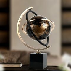 Tượng Trang Trí Decor Hình Quả Địa Cầu Xoay Tròn Vàng Nâu