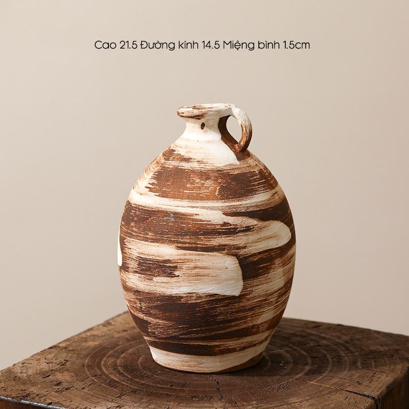 Bình Hoa Gốm Thô Phong Cách Wabi Sabi Nâu Sọc Trắng