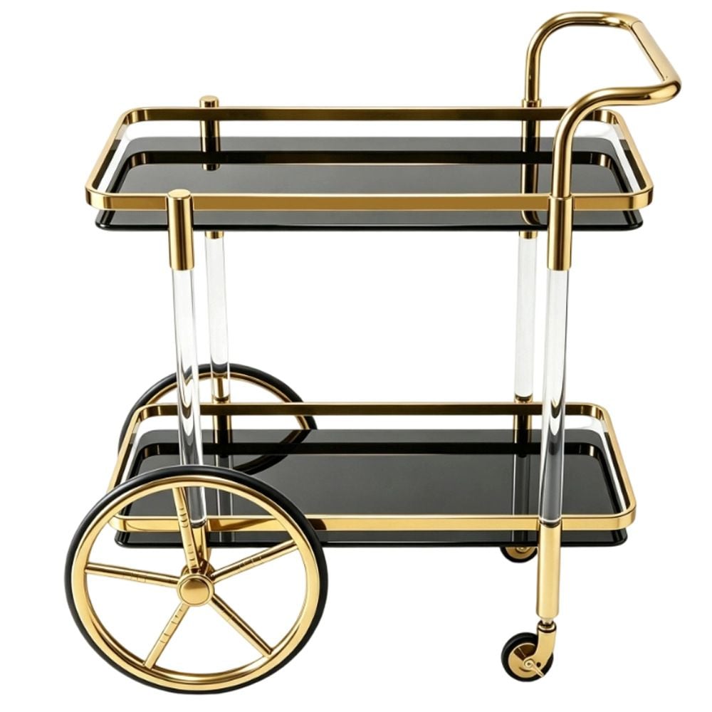Xe Đẩy Phục Vụ Inox Mạ Vàng 2 Tầng Mặt Kính