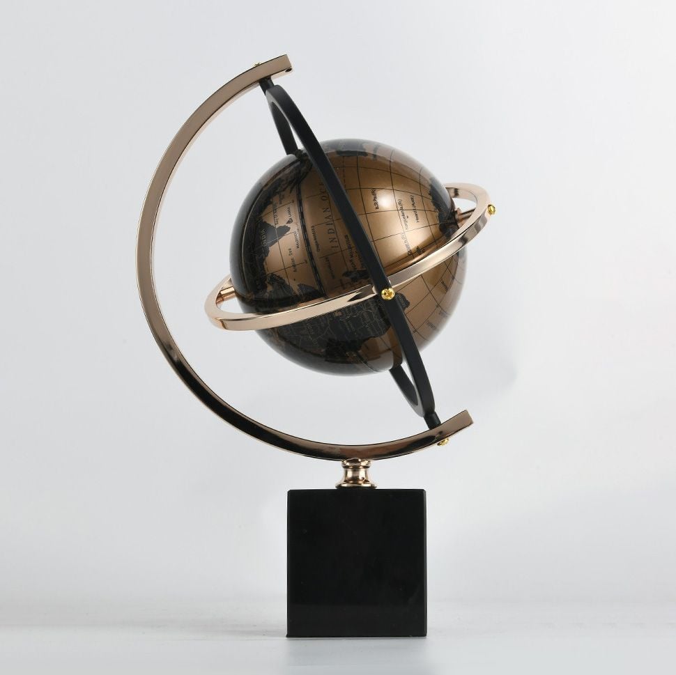 Tượng Trang Trí Decor Hình Quả Địa Cầu Xoay Tròn Vàng Nâu