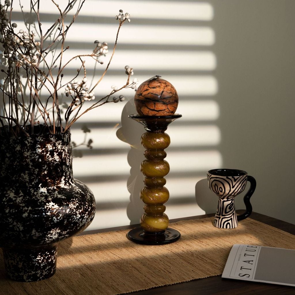 Chân Nến Decor Thủy Tinh Thổi Thủ Công Màu Hổ Phách Cao Cấp