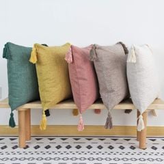 Vỏ Gối Tựa Lưng Sợi Lanh Cotton Tua Rua Nhật Bản Dệt Ánh Kim Trơn Màu