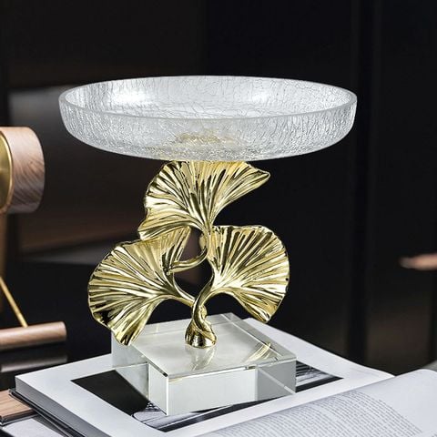 Dĩa Trái Cây Trang Trí Thủy Tinh Hình Lá Bạch Quả Sang Trọng