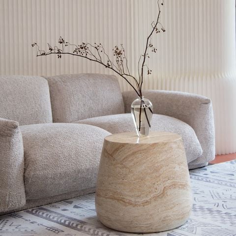 Bàn Phụ Hình Trụ Tròn Giả Đá Travertine Pha Đỏ Nâu