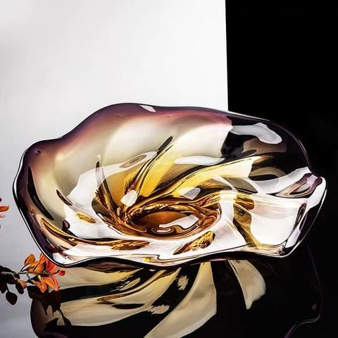 Dĩa Trang Trí Thủy Tinh Pha Lê Màu Tím Pha Vàng Hình Hoa Xoắn