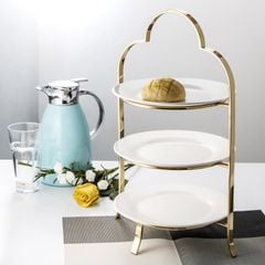 Kệ Trưng Bày Bánh Buffet 3 Tầng Khung Inox Kèm Đĩa Sứ