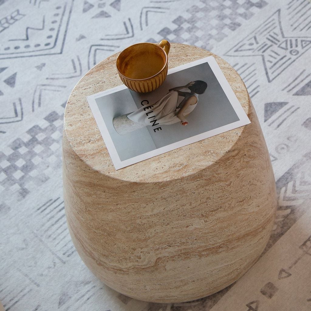 Bàn Phụ Hình Trụ Tròn Giả Đá Travertine Pha Đỏ Nâu