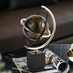 Tượng Trang Trí Decor Hình Quả Địa Cầu Xoay Tròn Vàng Nâu