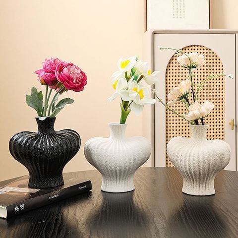 Bình Hoa Gốm Gân Sọc Dáng Bầu Trang Trí