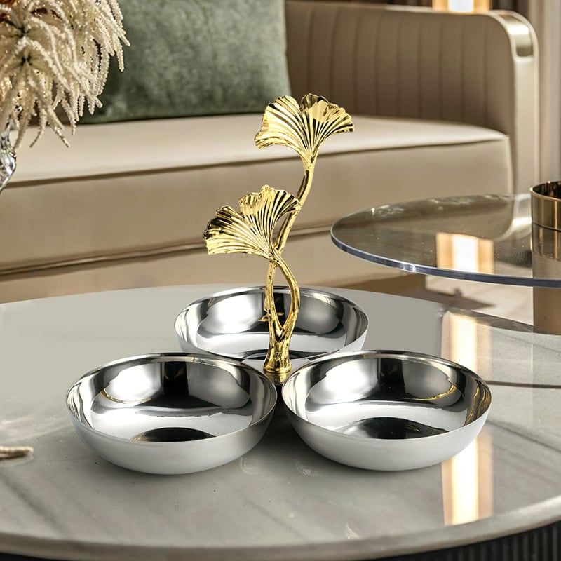 Khay Decor 3 Ngăn Inox Hình Lá Bạch Quả Sang Trọng