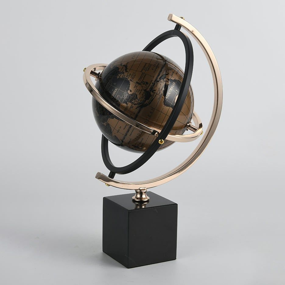 Tượng Trang Trí Decor Hình Quả Địa Cầu Xoay Tròn Vàng Nâu