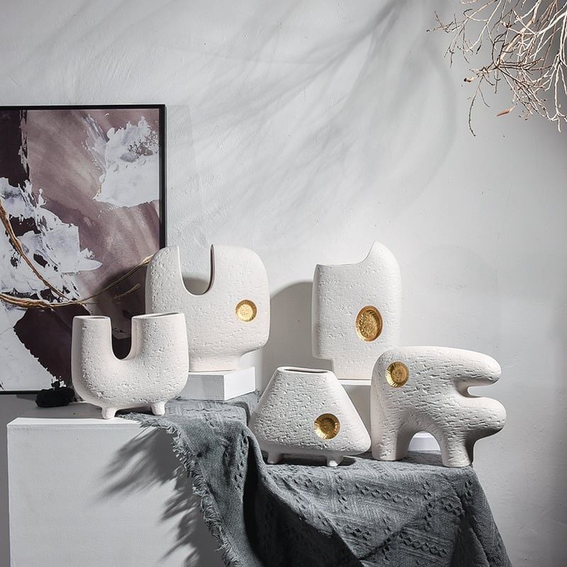 Bình Gốm Decor Tối Giản Họa Tiết Trừu Tượng Phối Vàng