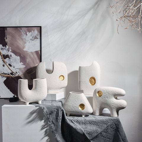 Bình Gốm Decor Tối Giản Họa Tiết Trừu Tượng Phối Vàng