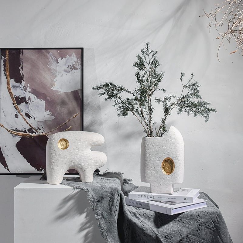 Bình Gốm Decor Tối Giản Họa Tiết Trừu Tượng Phối Vàng