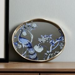 Khay Trang Trí Bằng Sứ Men Lam Họa Tiết Khắc Hình Chim Công Xanh