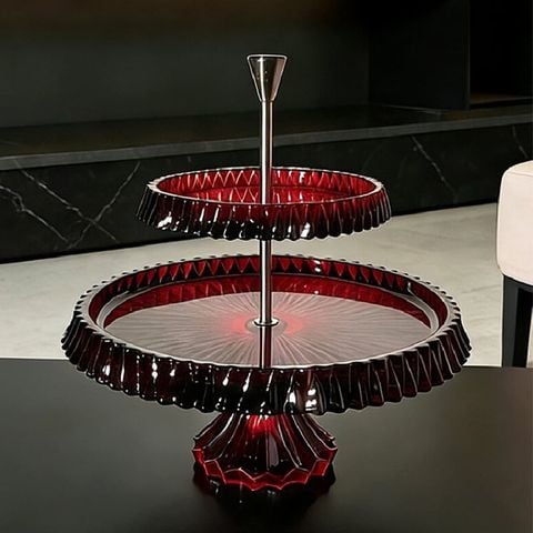 Khay Đựng Bánh Trái Cây 2 Tầng Pha Lê Đỏ Trang Trí Bàn Tiệc