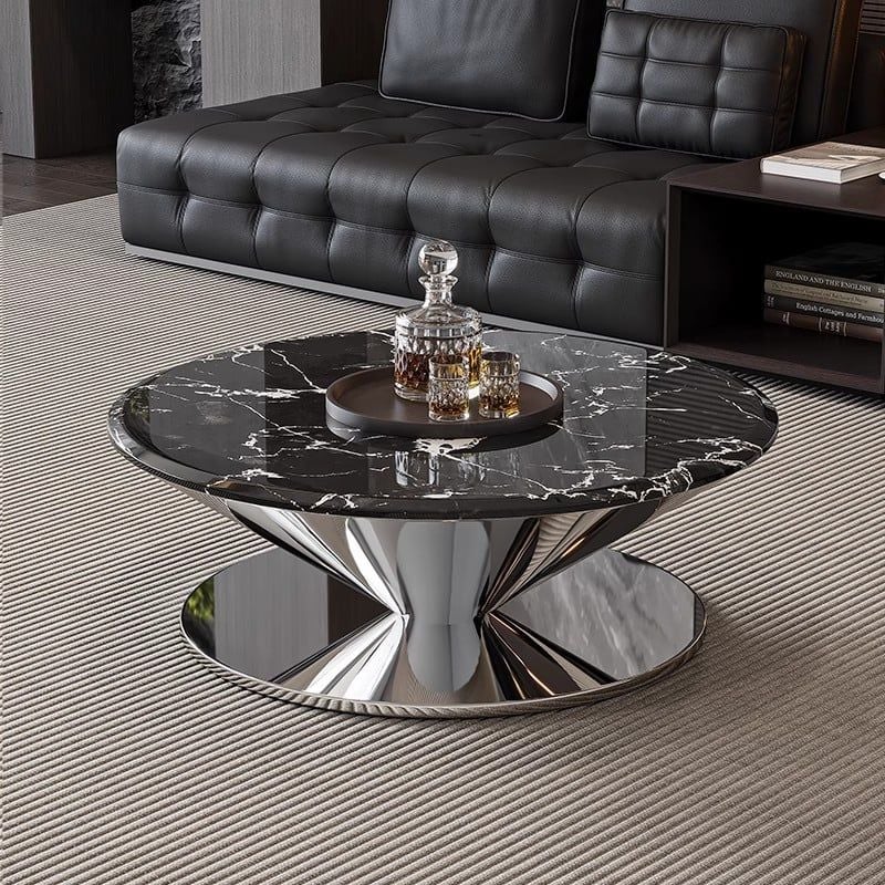 Bộ Bàn Trà Tròn Mặt Đá Đen Luxury Chân Kim Loại Phản Quang