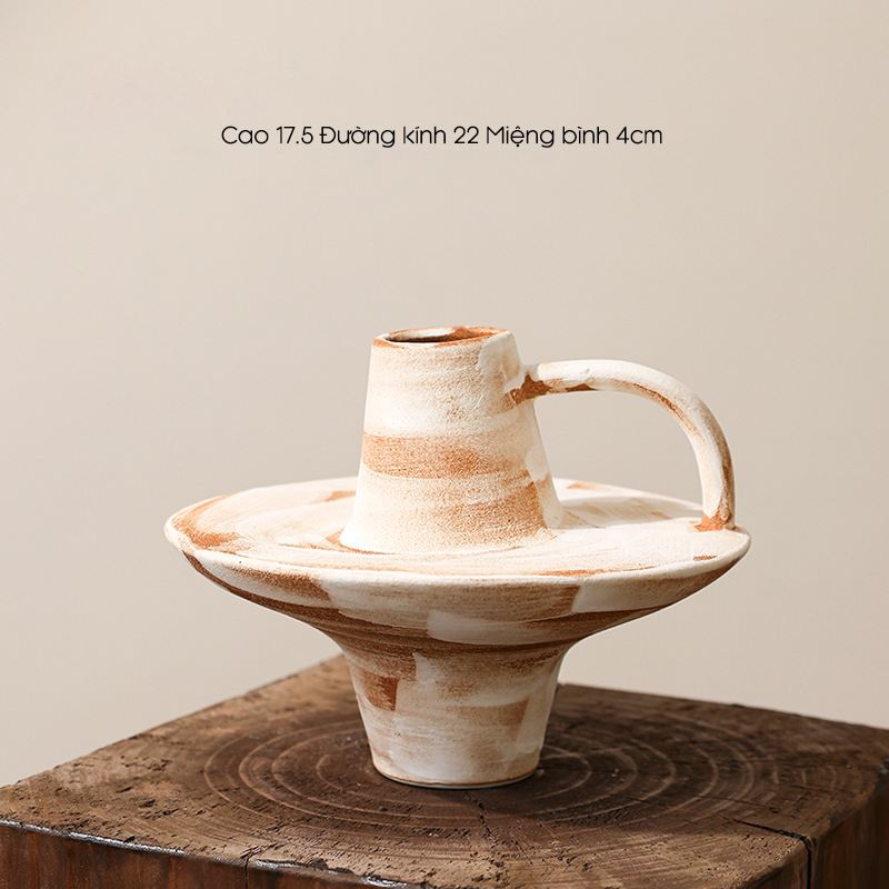 Bình Hoa Gốm Thô Phong Cách Wabi Sabi Nâu Sọc Trắng