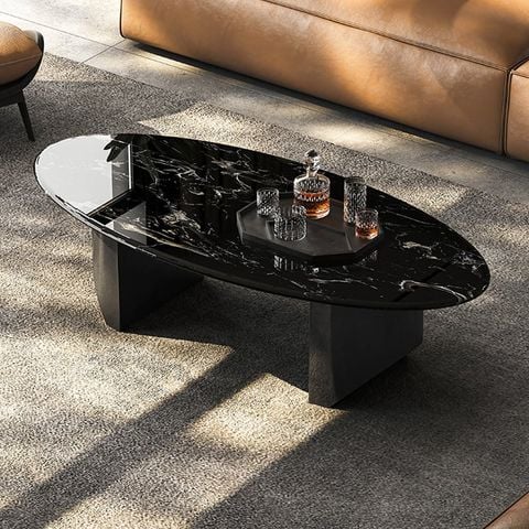Bàn Trà Oval Mặt Đá Cẩm Thạch Đen Vân Mây Luxury