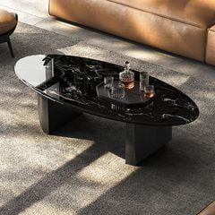 Bàn Trà Oval Mặt Đá Cẩm Thạch Đen Vân Mây Luxury