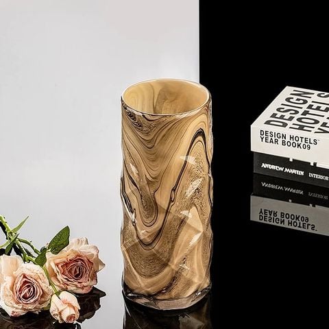 Bình Hoa Thủy Tinh Nghệ Thuật Vân Đá Marble Nâu Khói