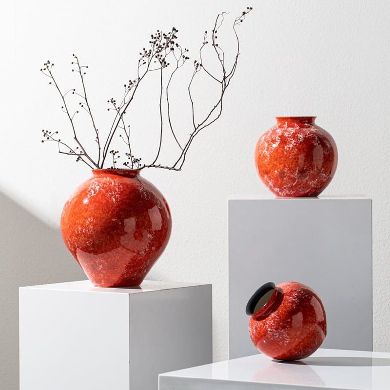 Bình Hoa Gốm Men Đỏ Tuyết Phong Cách Á Đông Cao Cấp