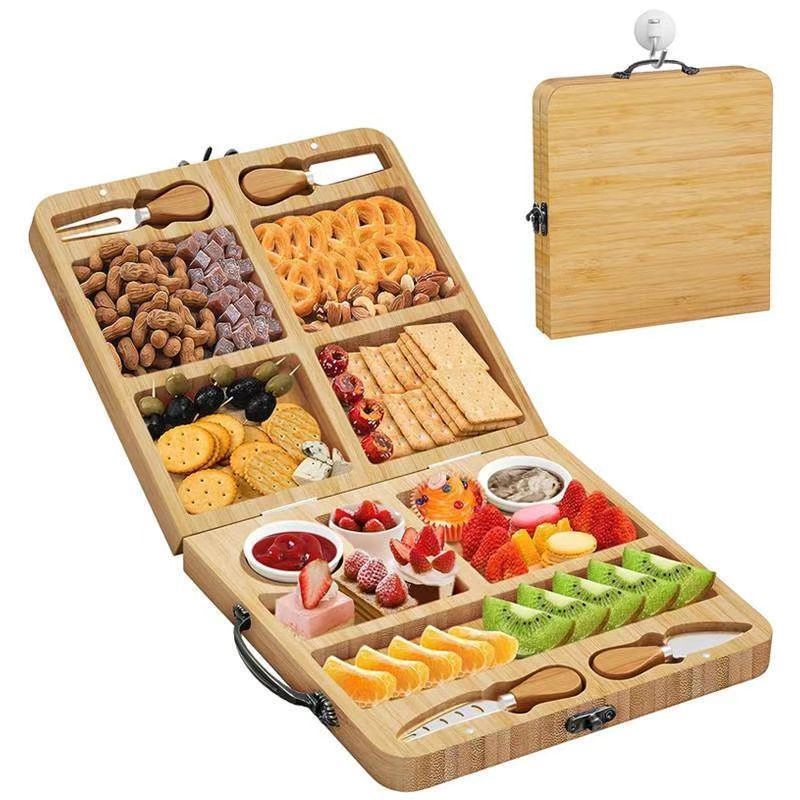 Khay Gỗ Tre Đựng Phô Mai Đồ Ăn Nhẹ Kiểu Vali Gấp Kèm Muỗng Nĩa