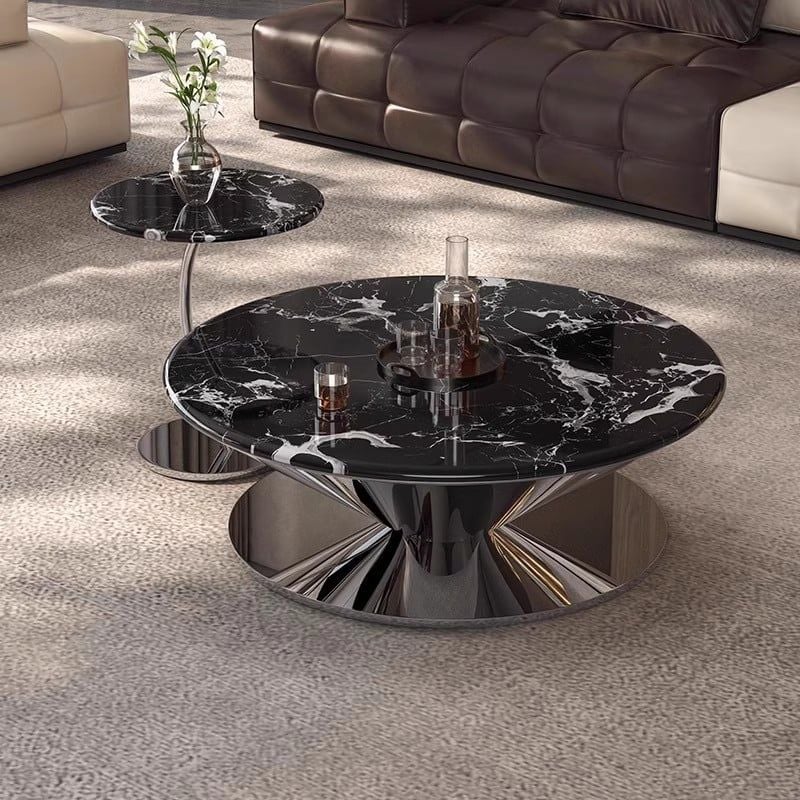 Bộ Bàn Trà Tròn Mặt Đá Đen Luxury Chân Kim Loại Phản Quang