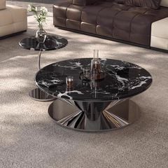 Bộ Bàn Trà Tròn Mặt Đá Đen Luxury Chân Kim Loại Phản Quang
