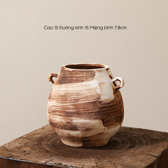 Bình Hoa Gốm Thô Phong Cách Wabi Sabi Nâu Sọc Trắng